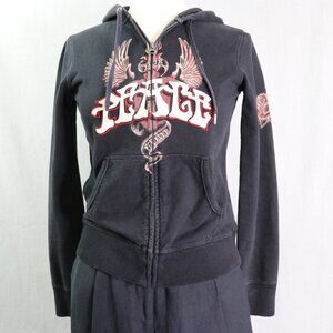 VTG Lucky Brand Hoodie XS Black PEACE Wings Heart Tattoo Love Forever Y2K Biker